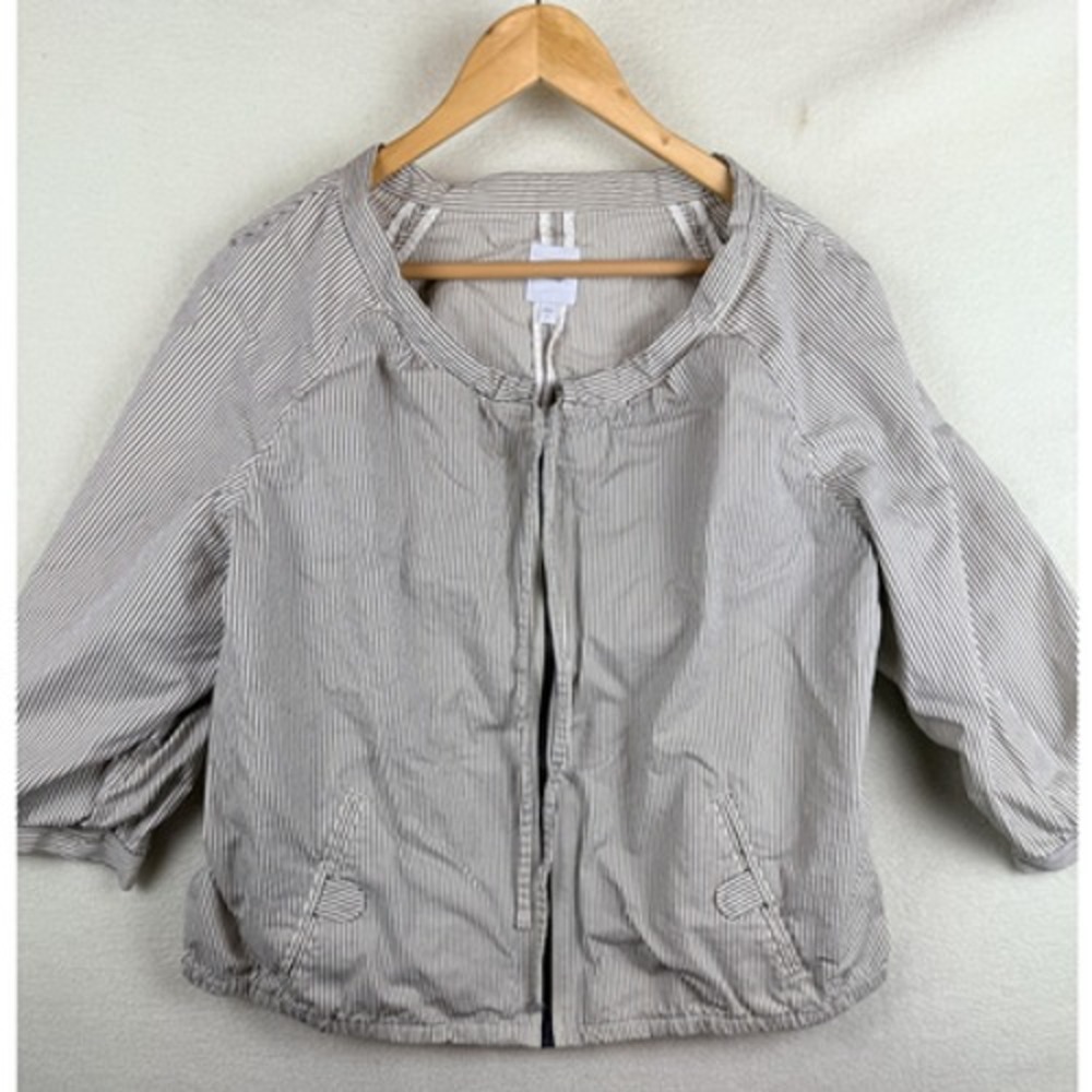 Gap Jacket Womens Large White Navy Pinstripe Cotton Zip 3/4 Sleeve Collarless
